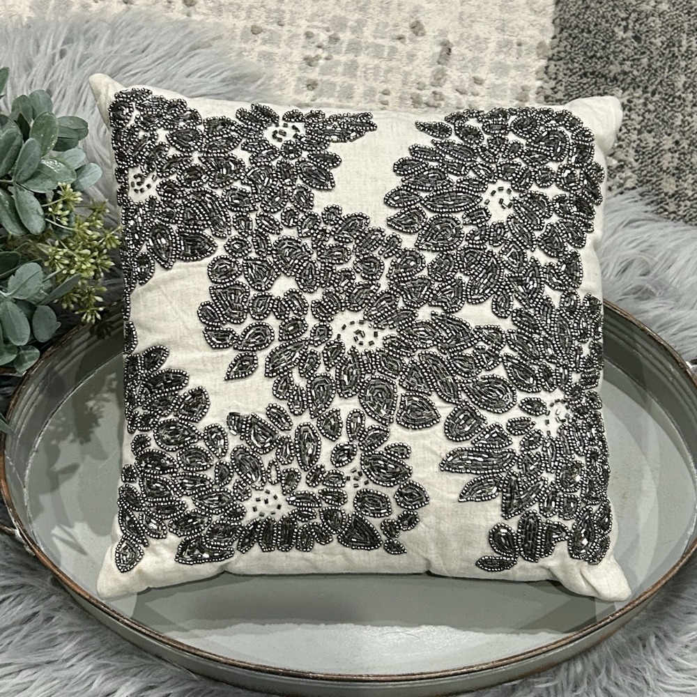 Beaded Linen Throw Pillow Dark Charcoal Beaded‎ 12X12 Pillow Cover With Insert
